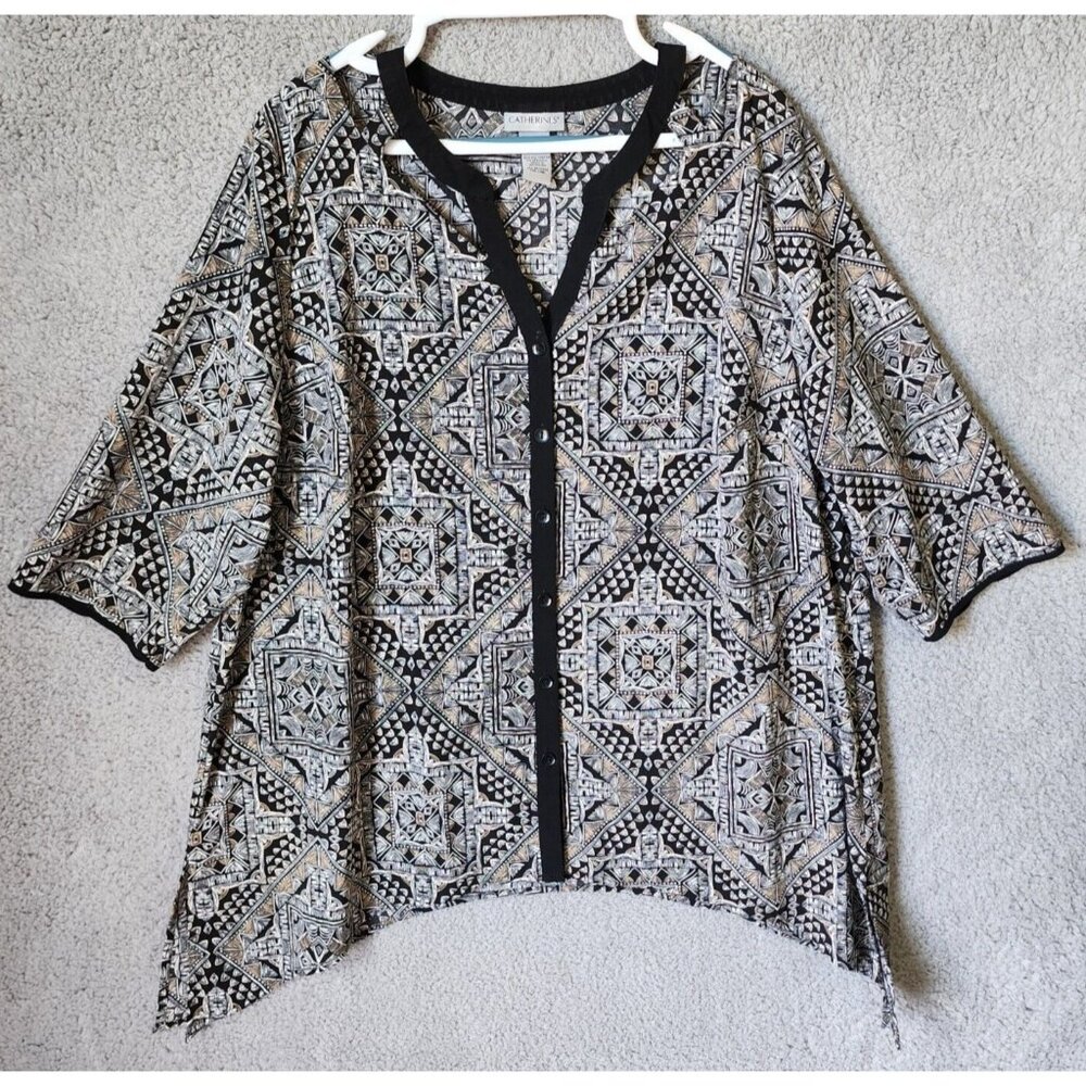 Catherine's 3/4 Sleeve Asymmetrical Hem Button Up Blouse Top Cutout Neck Size 1X